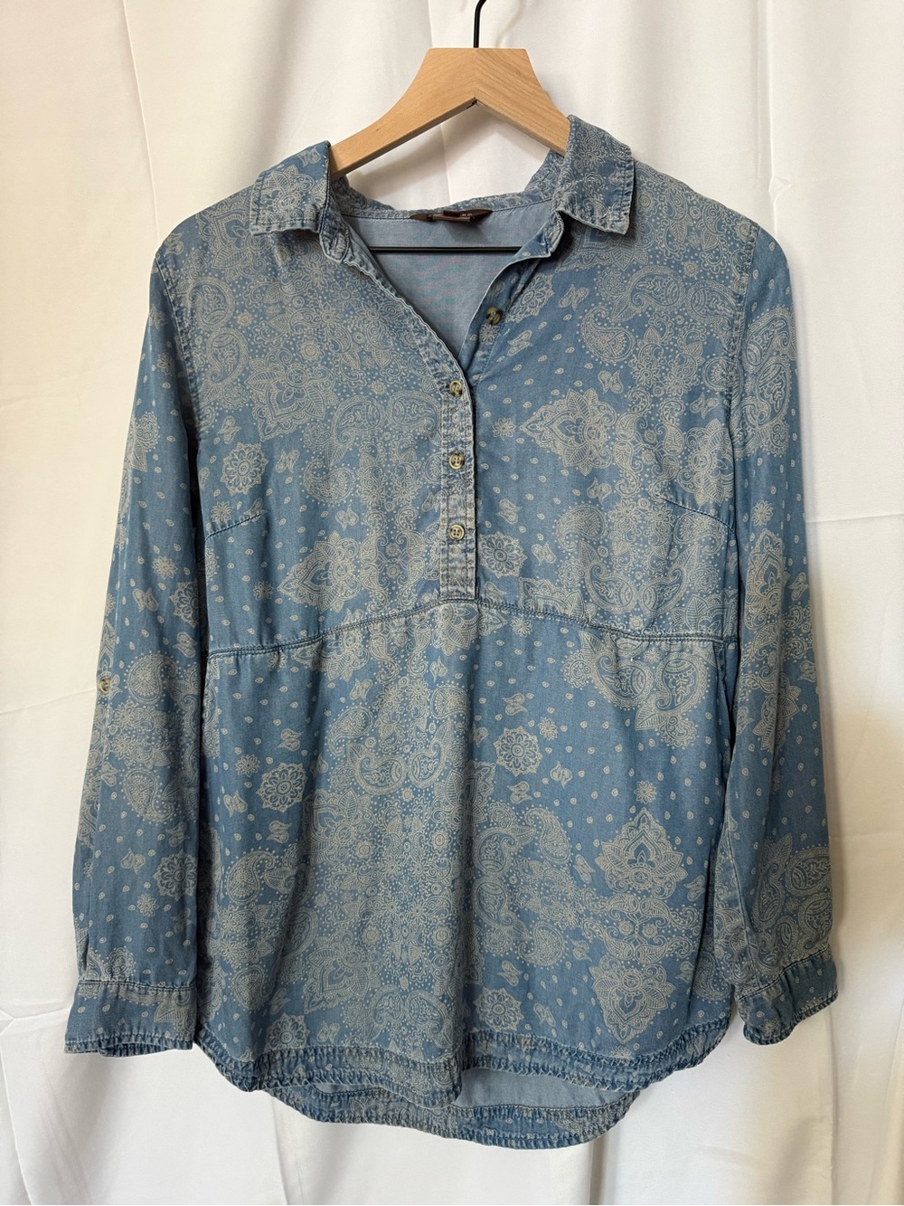 Multiples Blue Chambray-Look Paisley Bandana Print Lyocell Tunic Blouse